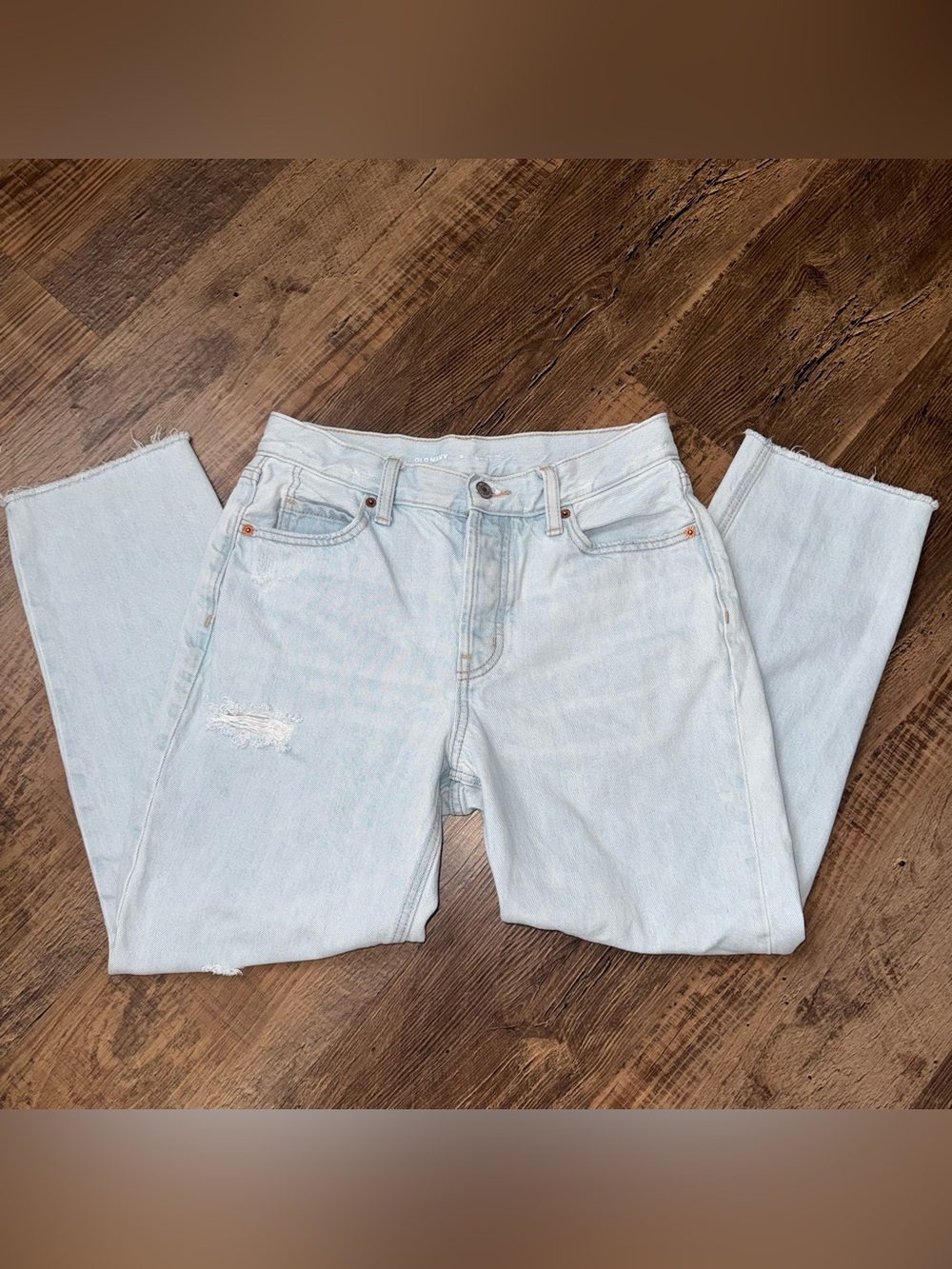 Old Navy High Rise Straight Jeans Size 0 Light Wash Distressed Raw Hem 28 X 24